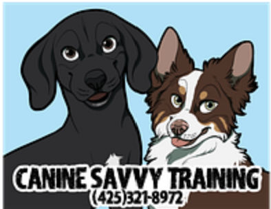 Logo for Canine Savvy Training with a contact phone number and a cartoon drawing of a black dog and a brown and white dog
