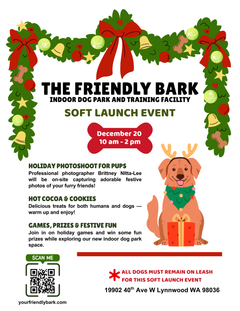 Flyer for The Friendly Bark indoor dog park soft launch party