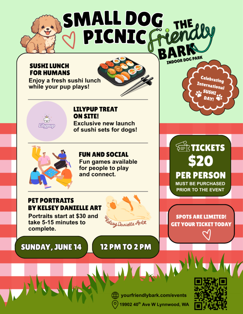 Picnic for small dogs and their people at The Friendly Bark indoor dog park in Lynnwood, WA