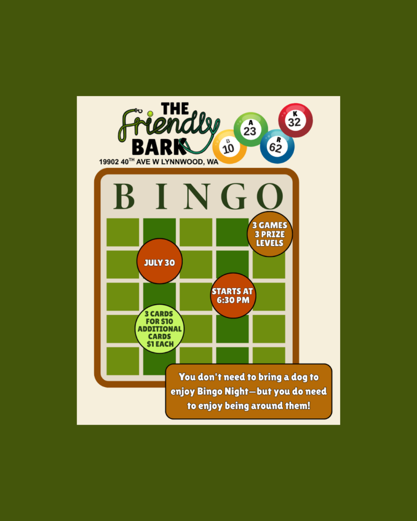 Bingo night at The Friendly Bark in Lynnwood WA Bingo night at The Friendly Bark indoor dog park in Lynnwood, WA